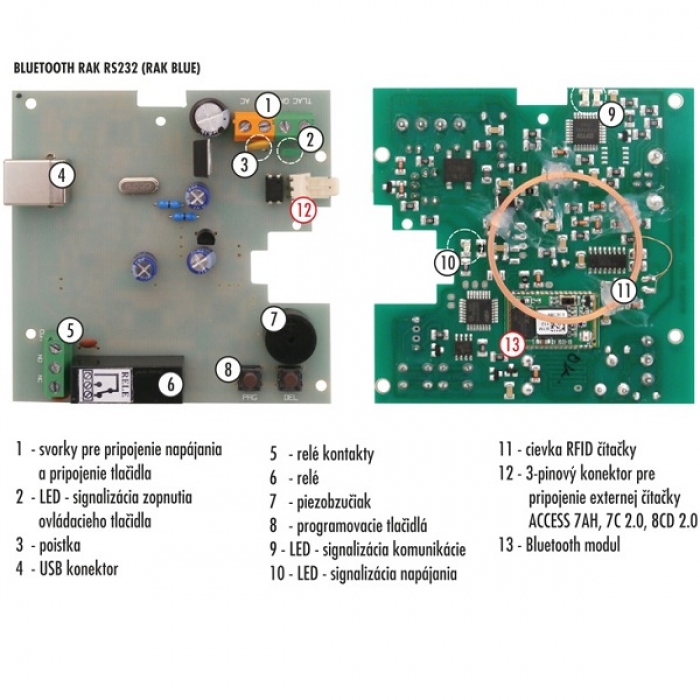 Kontrola vstupu RFID RAK BLUE bezdotykový elektronický klíč deska plošného spoje, administrace přes Bluetooth
